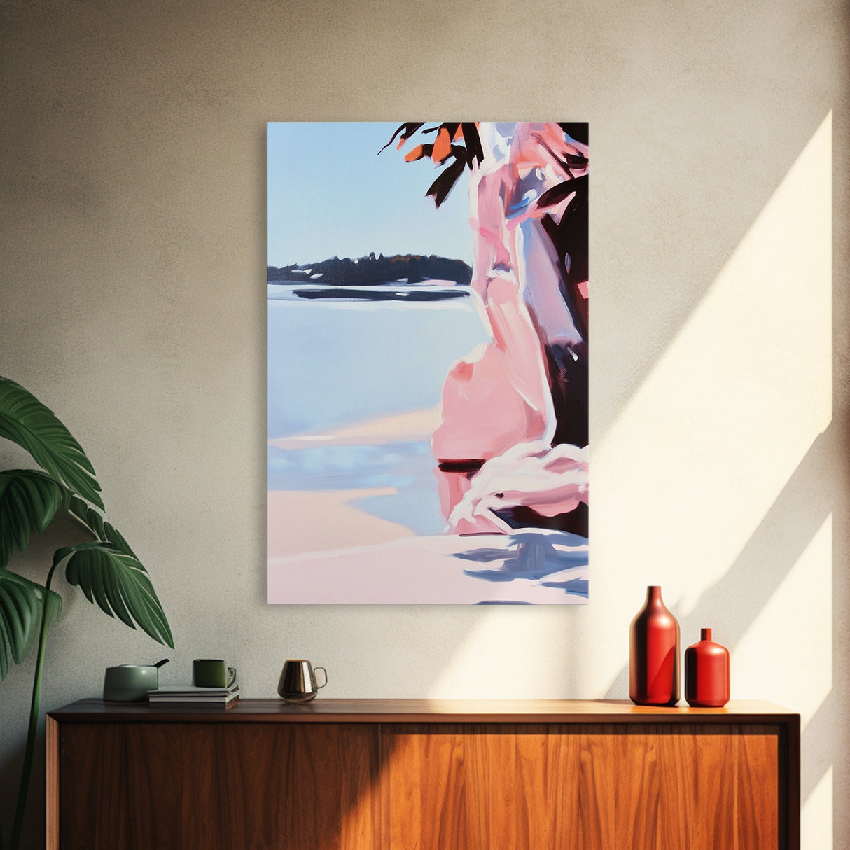 Sunset Glow, Nature Wall Art, Beach Scene, Serene Painting, Warm Pastel Colors, Framed Canvas Print, Bedroom Wall Decor, Gift