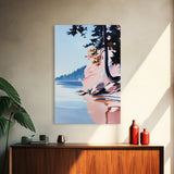 Lakeview Landscape Art, Serene Nature Print, Modern Forest Painting, Tranquil Coastal Scene, Framed Canvas Print, Living Room Wall Art