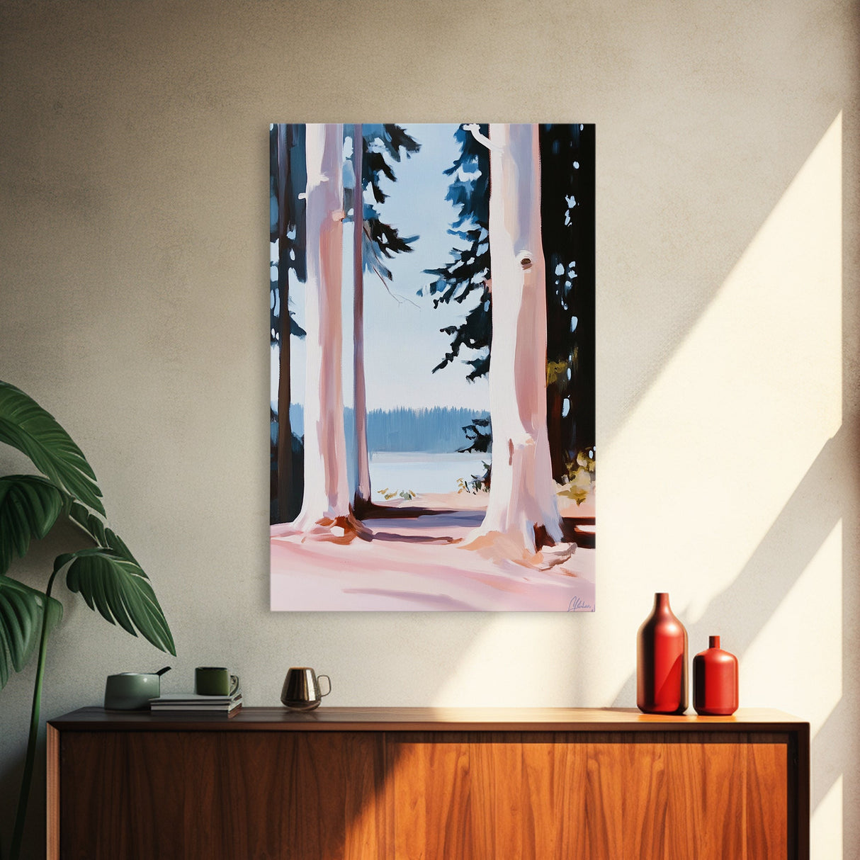 Forest Lake Scene, Tranquil Nature Painting, Minimalist Woodland Print, Blue and Pink Aesthetic, Framed Canvas Print, Bedroom Wall Art