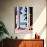 Forest Lake Scene, Tranquil Nature Painting, Minimalist Woodland Print, Blue and Pink Aesthetic, Framed Canvas Print, Bedroom Wall Art