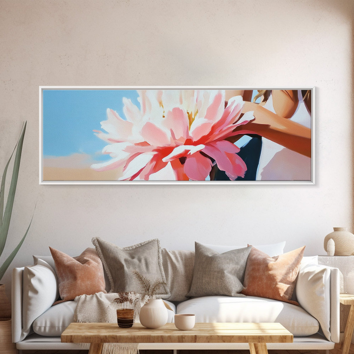 Floral Elegance, Boho Wall Art, Feminine Aesthetic, Framed Canvas Print, Soft Pink Flowers, Minimalist Home Decor, Bedroom Artwork