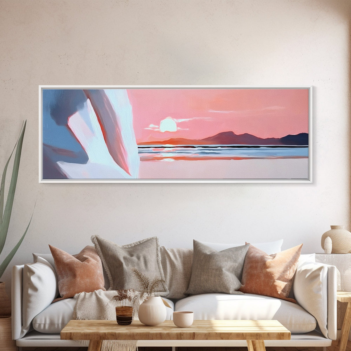 Sunset Serenity, Coastal Horizon, Tranquil Art, Framed Canvas Print, Pink Sky, Minimalist Seascape, Ocean Decor, Living Room Artwork