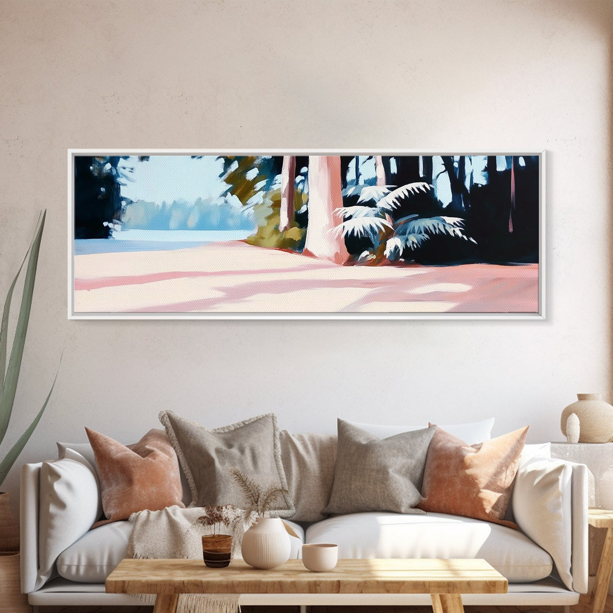 Forest Path, Sunlit Trees, Serene Nature, Framed Canvas Print, Tranquil Wall Art, Modern Landscape, Living Room Art, Cozy Decor