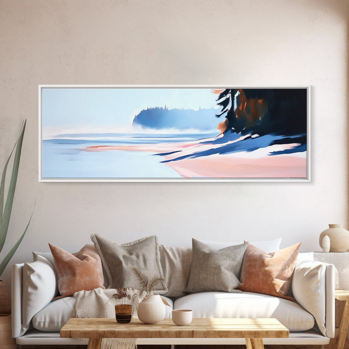 Misty Shoreline, Coastal Landscape Art, Minimalist Seascape, Ocean View, Framed Canvas Print, Modern Home Decor, Living Room Art