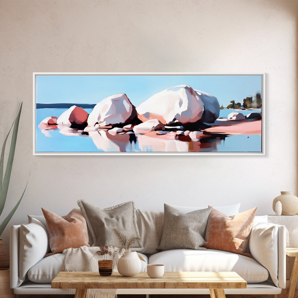 Large Rocks, Water Reflection, Serene Nature, Canvas Print, Minimalist Wall Art, Earthy Home Decor, Neutral Landscape, Modern Aesthetic