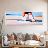 Woman, Pink Dress, Ocean Waves, Framed Canvas Print, Feminine Wall Art, Romantic Beach Scene, Soft Pastel Aesthetic, Dreamy Home Decor