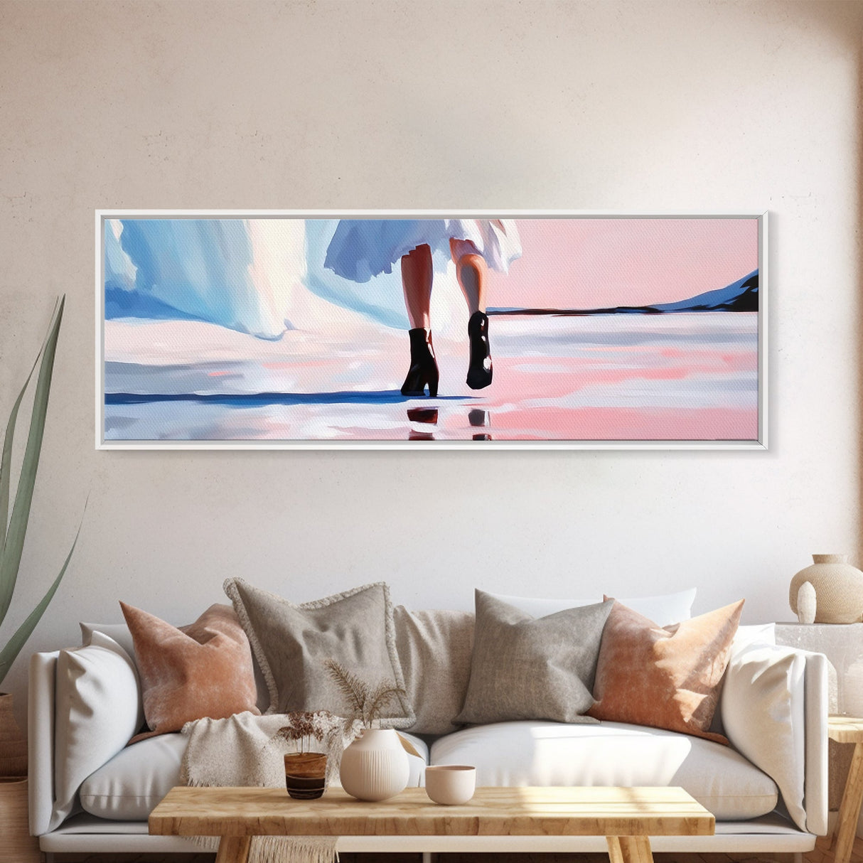Fashion Walk, Chic Modern Art, Feminine Aesthetic, Pastel Wall Decor, Dreamy Reflections, Stylish Home Design, Framed Canvas Print