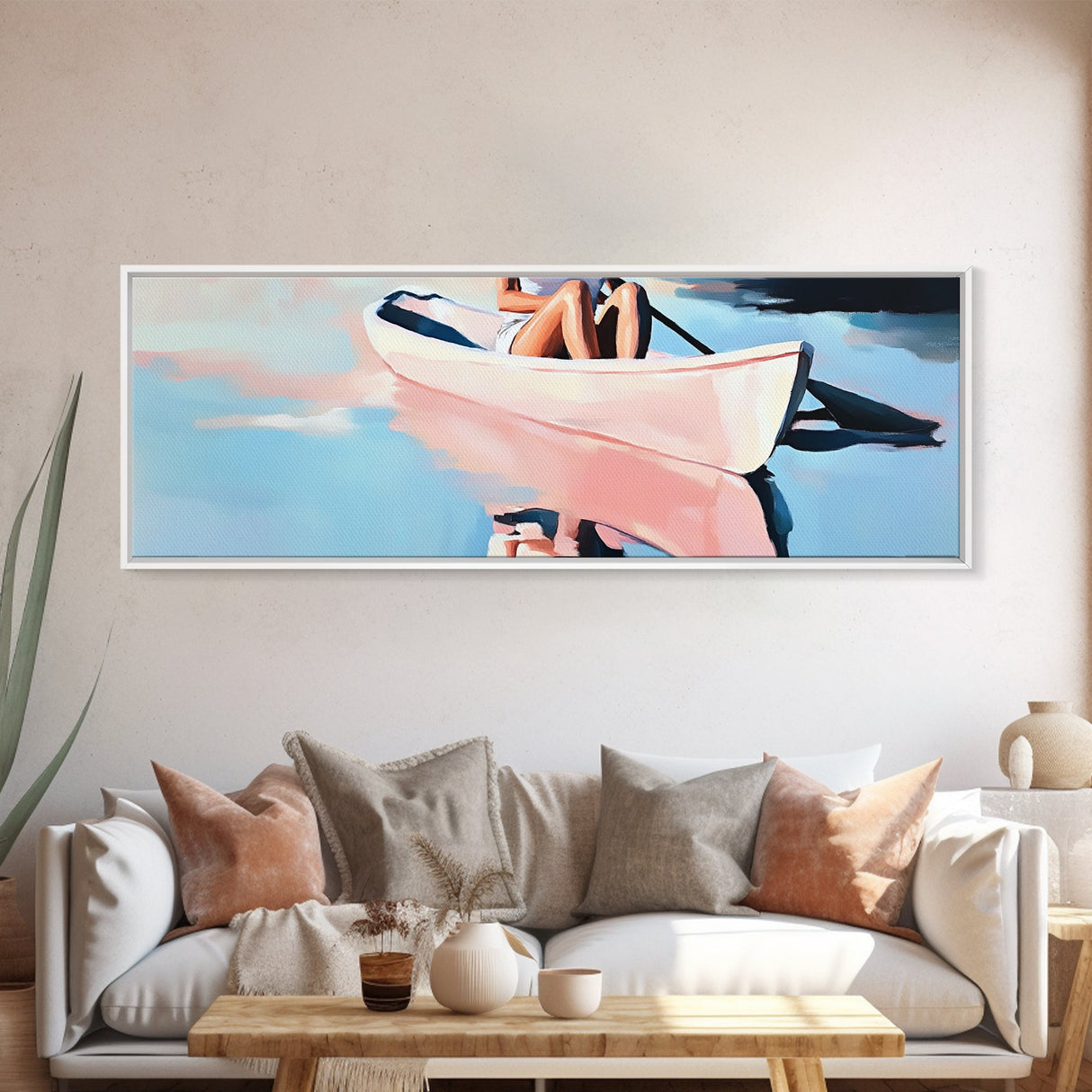 Kayak Adventure, Minimalist, Coastal Wall Art, Boho Home Decor, Blue and Pink, Modern Beach Art, Canvas Print, Nautical Aesthetic
