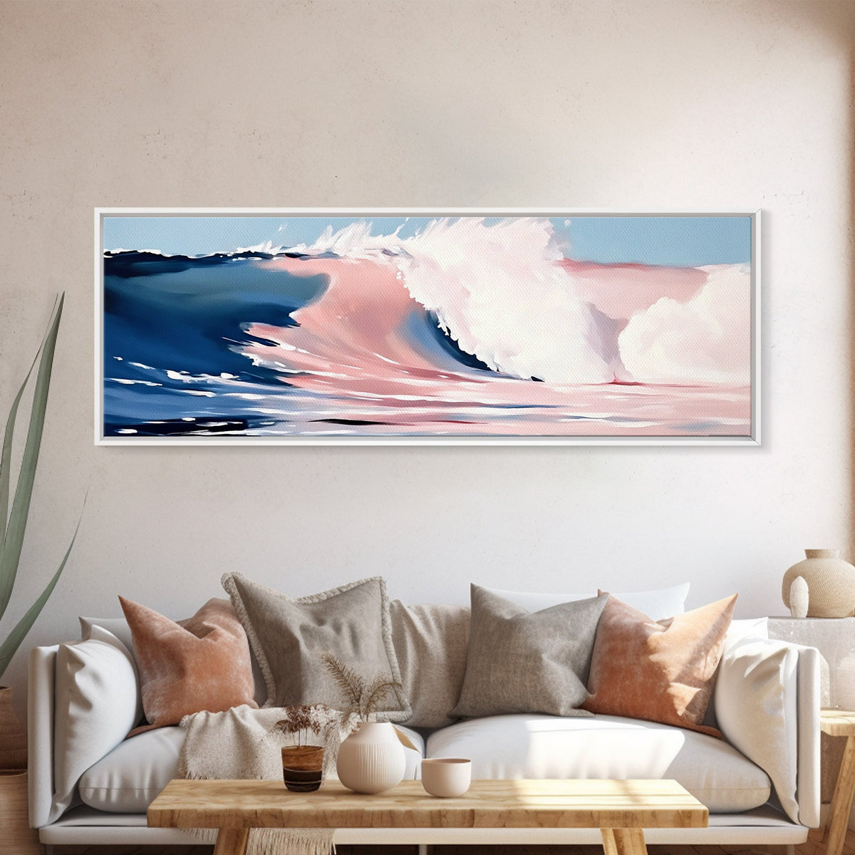Ocean Waves, Pink and Blue, Coastal Wall Art, Minimalist Beach Print, Modern Home Decor, Surfer Vibes, Canvas Print, Serene Seascape