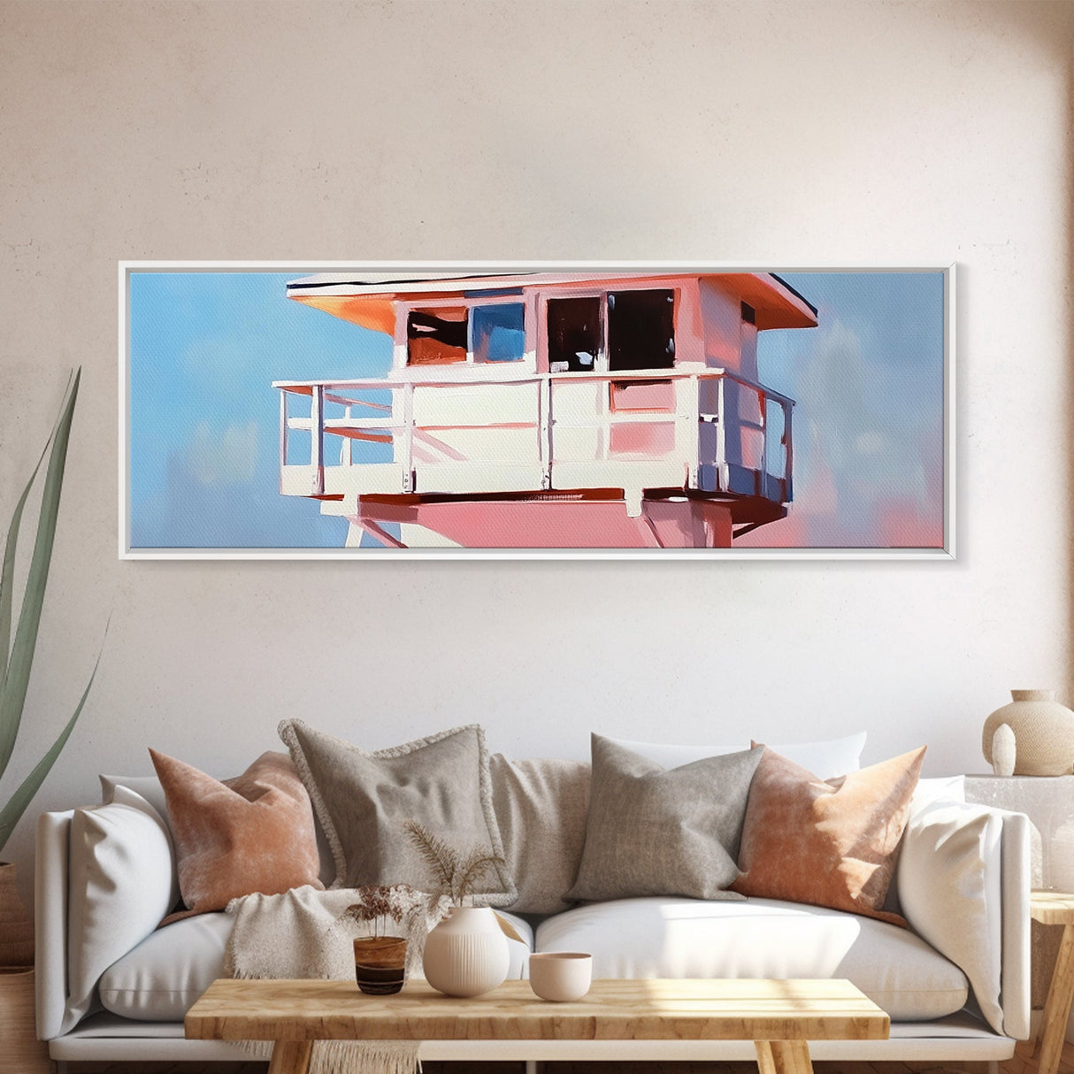 Lifeguard Tower, Ocean, Coastal, Framed Canvas Print, Beach House Decor, Nautical Wall Art, Minimalist Aesthetic, Blue and White Tones