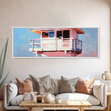 Lifeguard Tower, Ocean, Coastal, Framed Canvas Print, Beach House Decor, Nautical Wall Art, Minimalist Aesthetic, Blue and White Tones