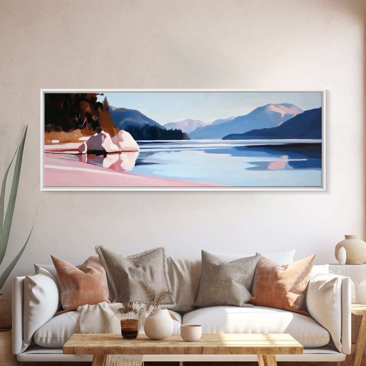 Mountain Lake, Nature Wall Art, Office Decor, Framed Canvas Print, Tranquil Landscape, Minimalist Artwork, Neutral Home Aesthetic
