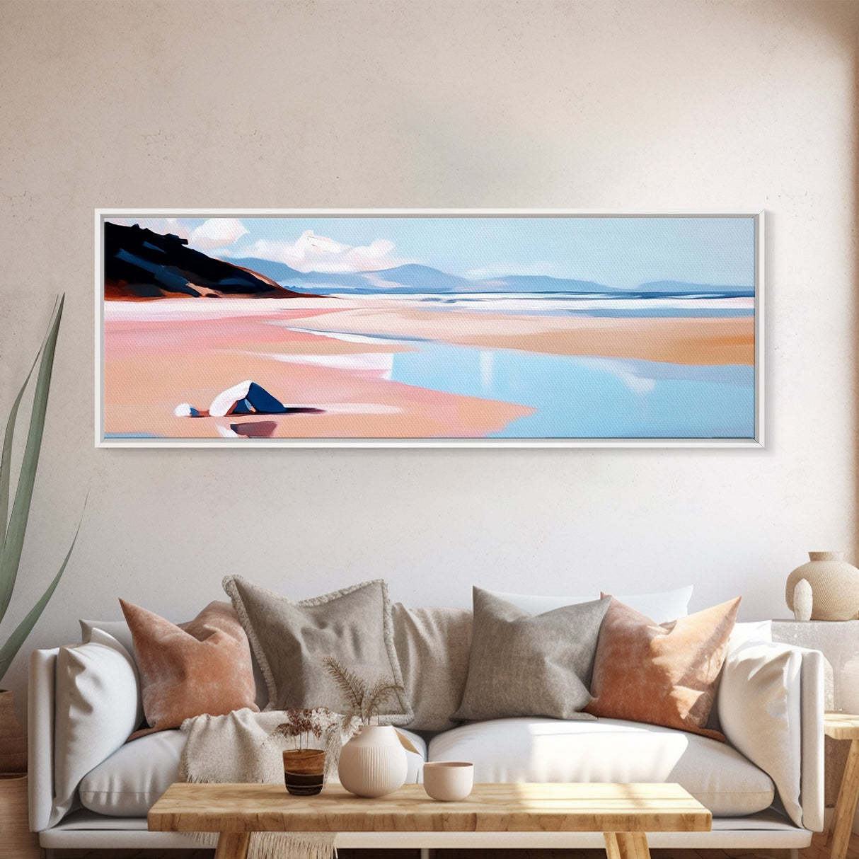 Sunset Beach, Warm Coastal View, Minimalist Ocean Art, Canvas Print, Living Room Wall Art, Tranquil Shoreline, Soft Pink Tones