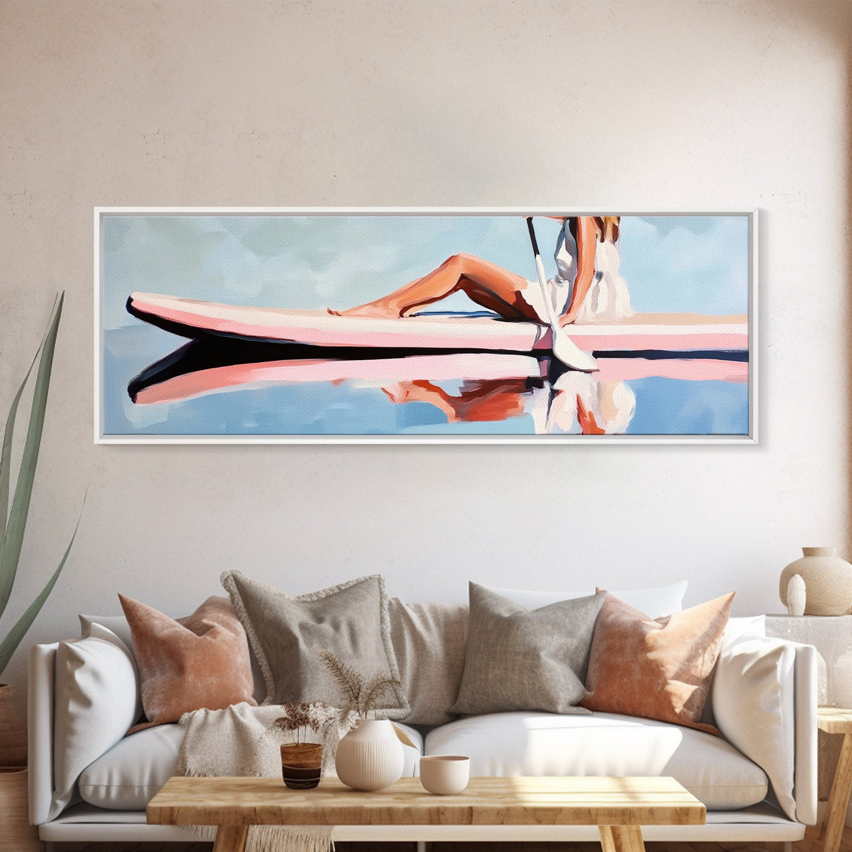 Paddleboard Reflection, Tranquil Water, Minimalist Art, Canvas Print, Serene Wall Decor, Coastal Aesthetic, Soft Pastel Home Decor