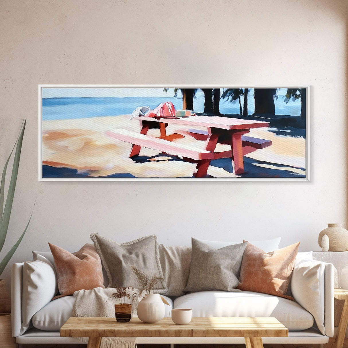 Picnic Table, Beach, Coastal, Canvas Print, Summer Wall Art, Relaxing Nature Artwork, Minimalist Decor, Living Room or Patio Art