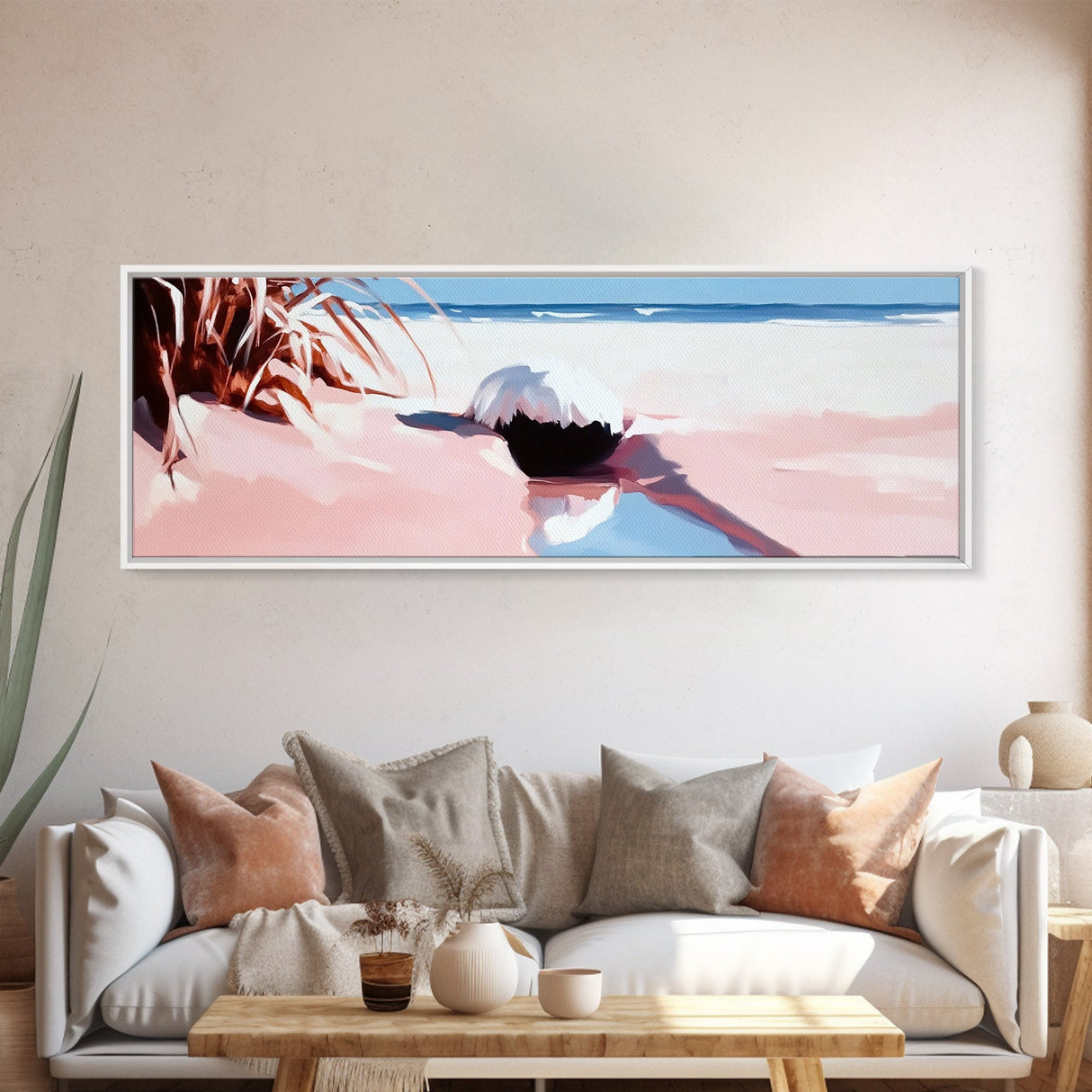 Romantic Beach Scene, Coastal Wall Art, Sunset Ocean Painting, Pastel Beach Framed Canvas Print, Living Room or Office Art