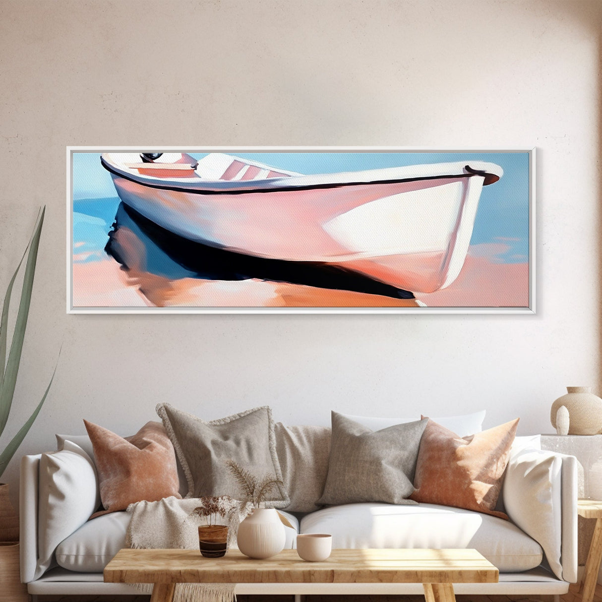 Rowboat on Shore, Nautical Scene, Pastel Coastal Art, Minimalist Ocean Print, Beach House Decor, Serene Wall Art, Canvas Print