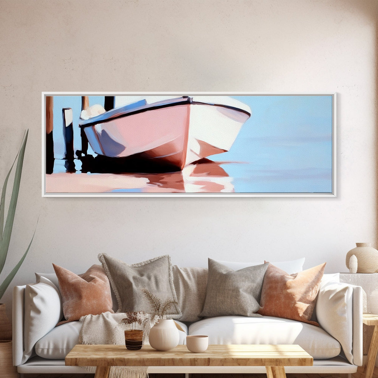 Docked Boat, Nautical Charm, Maritime Art, Framed Canvas Print, Coastal Living Room Decor, Beach House Wall Art, Ocean Painting