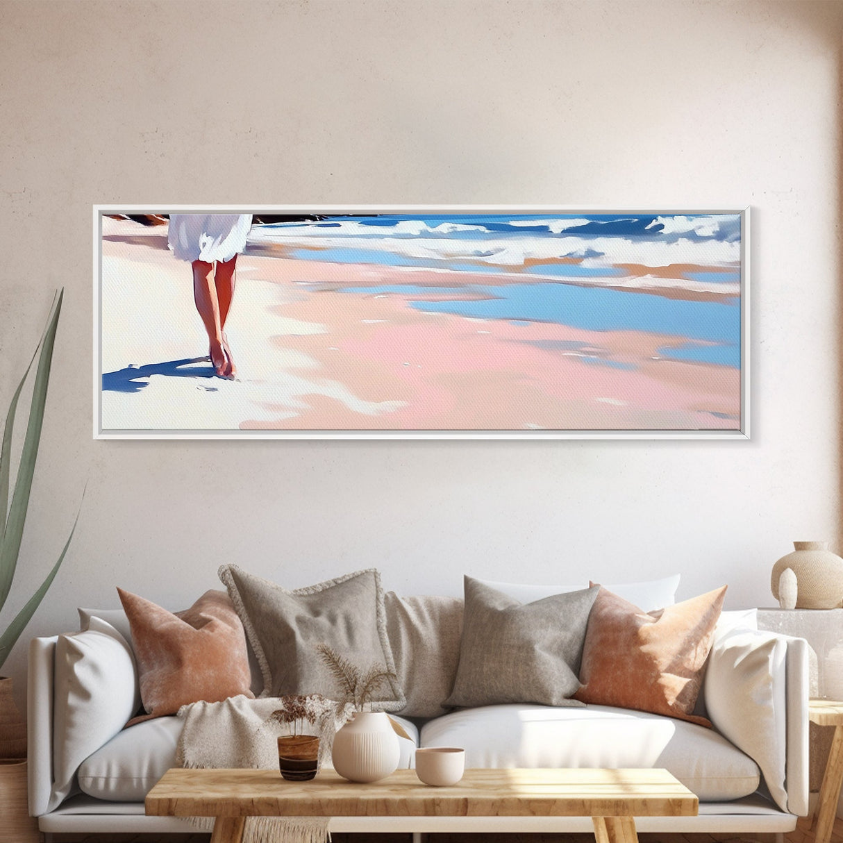 Walking on Beach, Coastal Art, Ocean Painting, Minimalist Seascape, Pastel Sand Decor, Nautical Wall Print, Living Room Art, Canvas Print