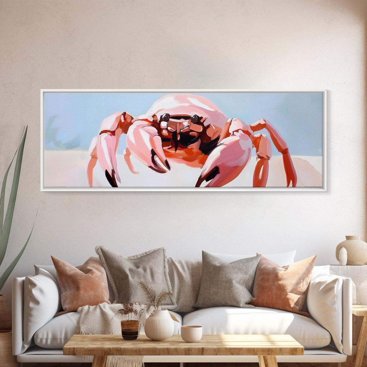 Pink Crab, Coastal Art, Beach House Decor, Nautical Wall Art, Ocean Theme, Framed Canvas Print, Living Room Wall Art, Modern Beach Art