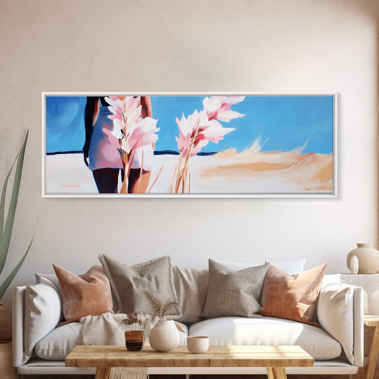 Woman Beach, Pastel Flowers, Feminine Art, Ocean View, Dreamy Coastal Decor, Framed Canvas Print, Bedroom Wall Art, Soft Aesthetic Art