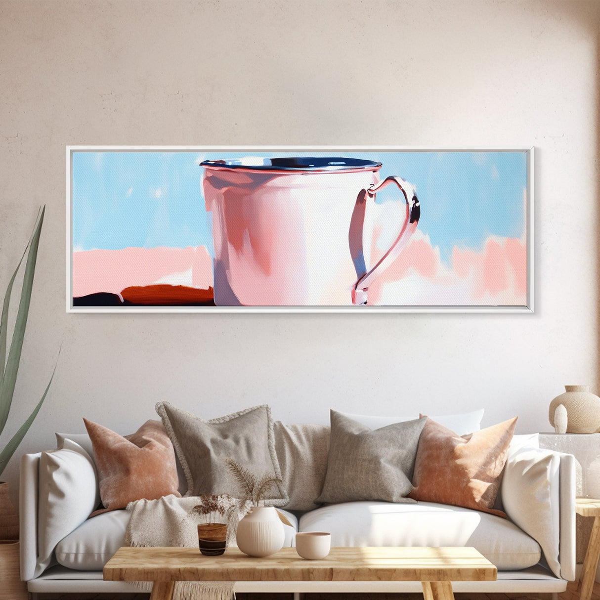 Enamel Mug Painting, Rustic Kitchen Art, Pastel Coffee Print, Still Life, Large Canvas Print, Modern Home Decor, Cozy Wall Art
