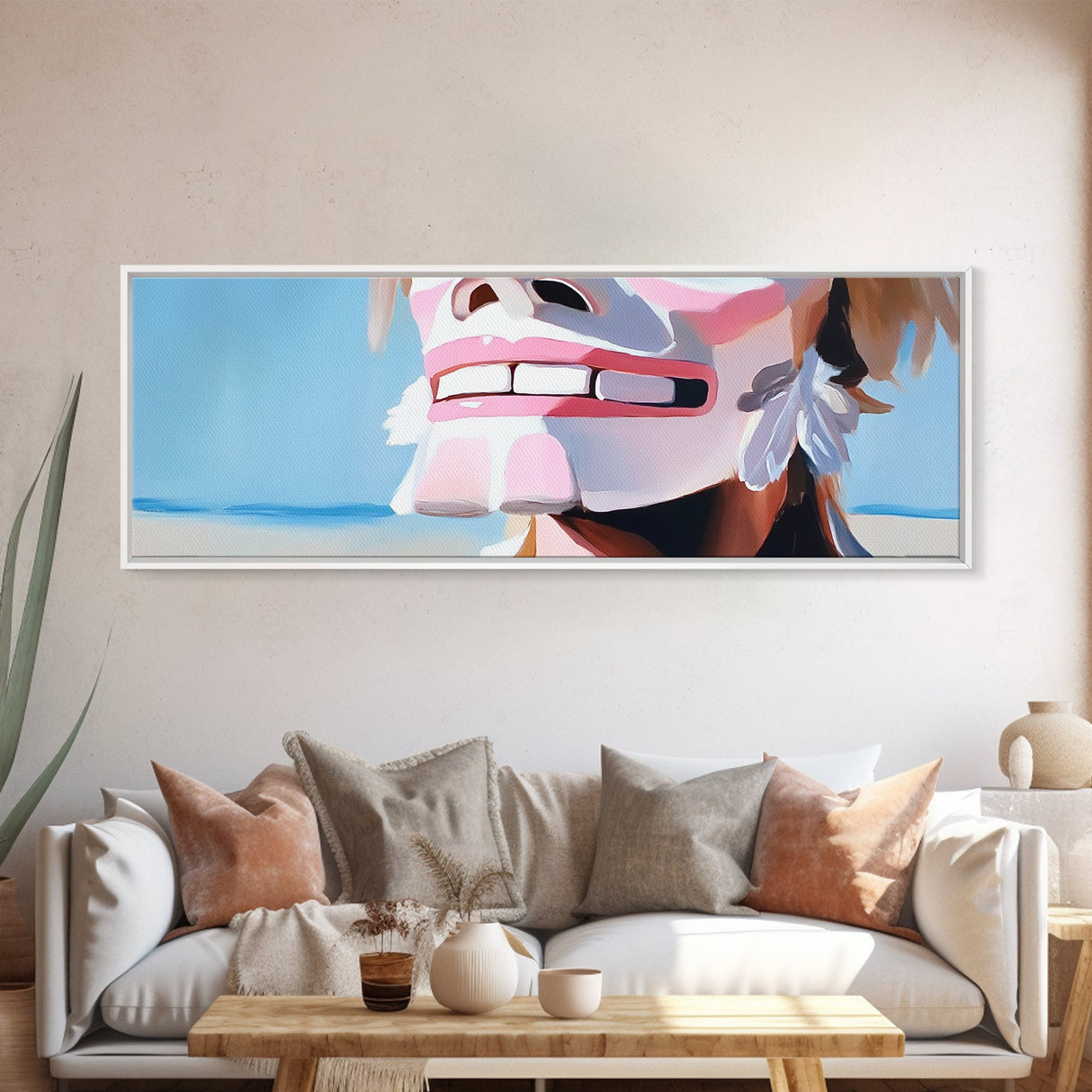 Tribal Mask Art, Beach Aesthetic Print, Abstract Cultural Painting, Boho Decor, Large Canvas Print, Unique Wall Art, Living Room Decor