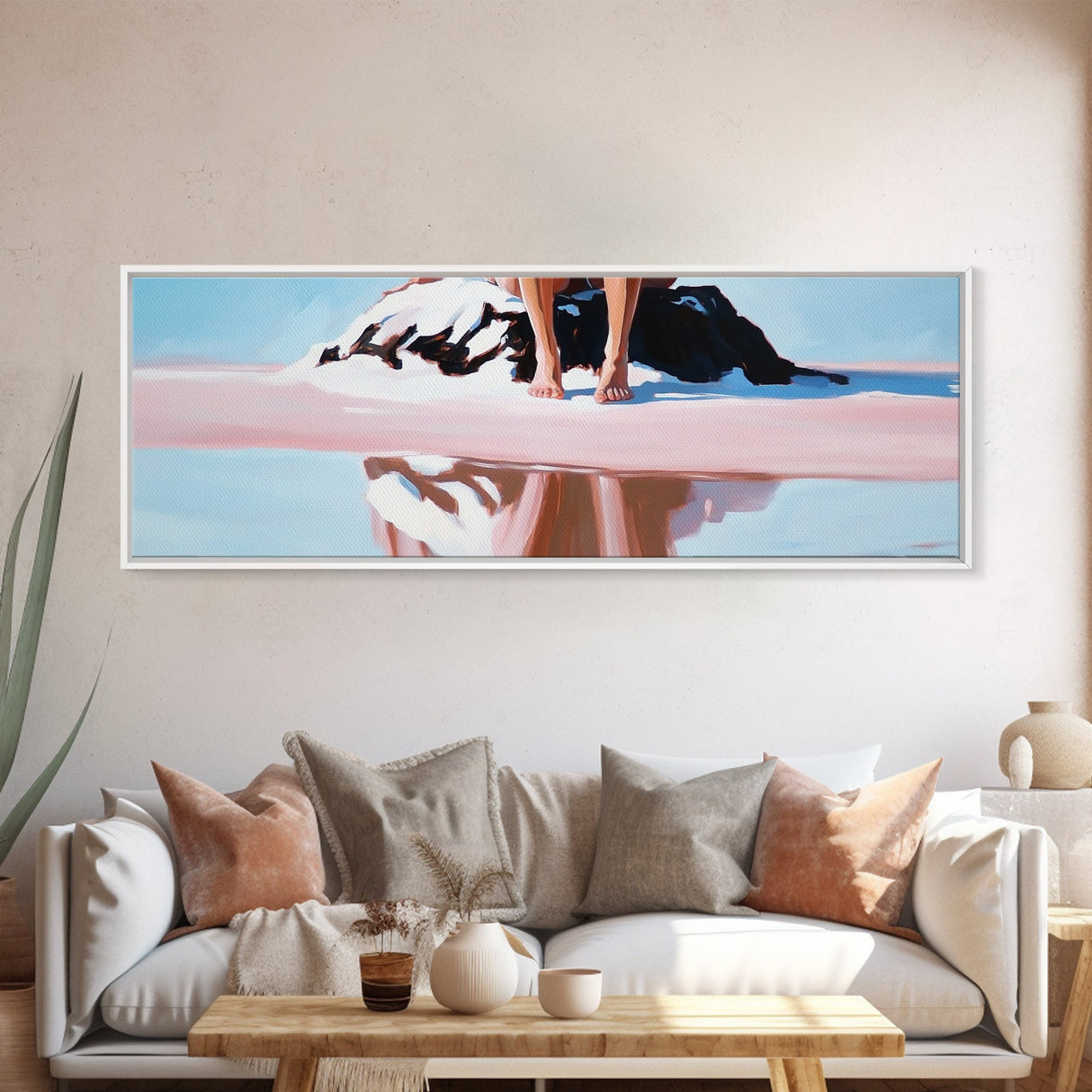 Seated on Rock, Serene Beach, Pink Tones, Coastal Minimalism, Contemporary Decor, Canvas Print, Bedroom Wall Art, Boho Vibes