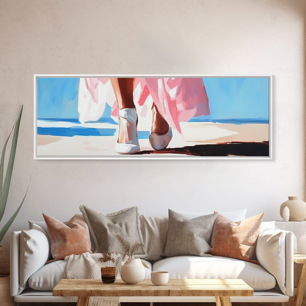 Walking on Beach, Pink Skirt, Ocean Waves, Coastal Feminine Art, Elegant Wall Decor, Canvas Print, Bedroom Wall Art, Summer Aesthetic