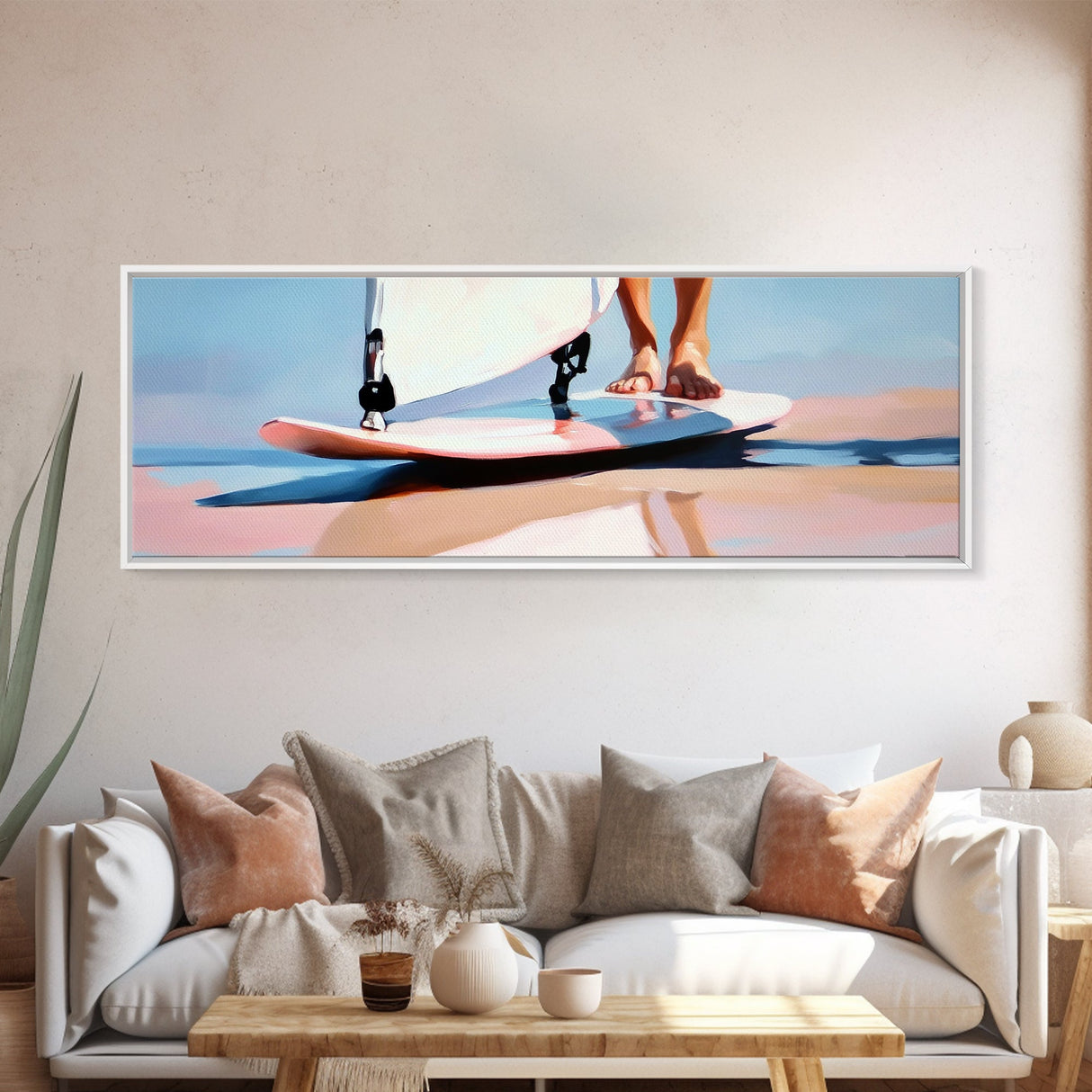 Surfboard Reflections, Beach Vibes, Modern Coastal Art, Surfing Aesthetic, Boho Home Decor, Framed Canvas Print, Watercolor Inspired