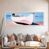 White Canoe, Coastal Wall Art, Seaside Aesthetic, Framed Canvas Print, Minimalist Boat Painting, Nautical Beach House Art, Ocean Decor