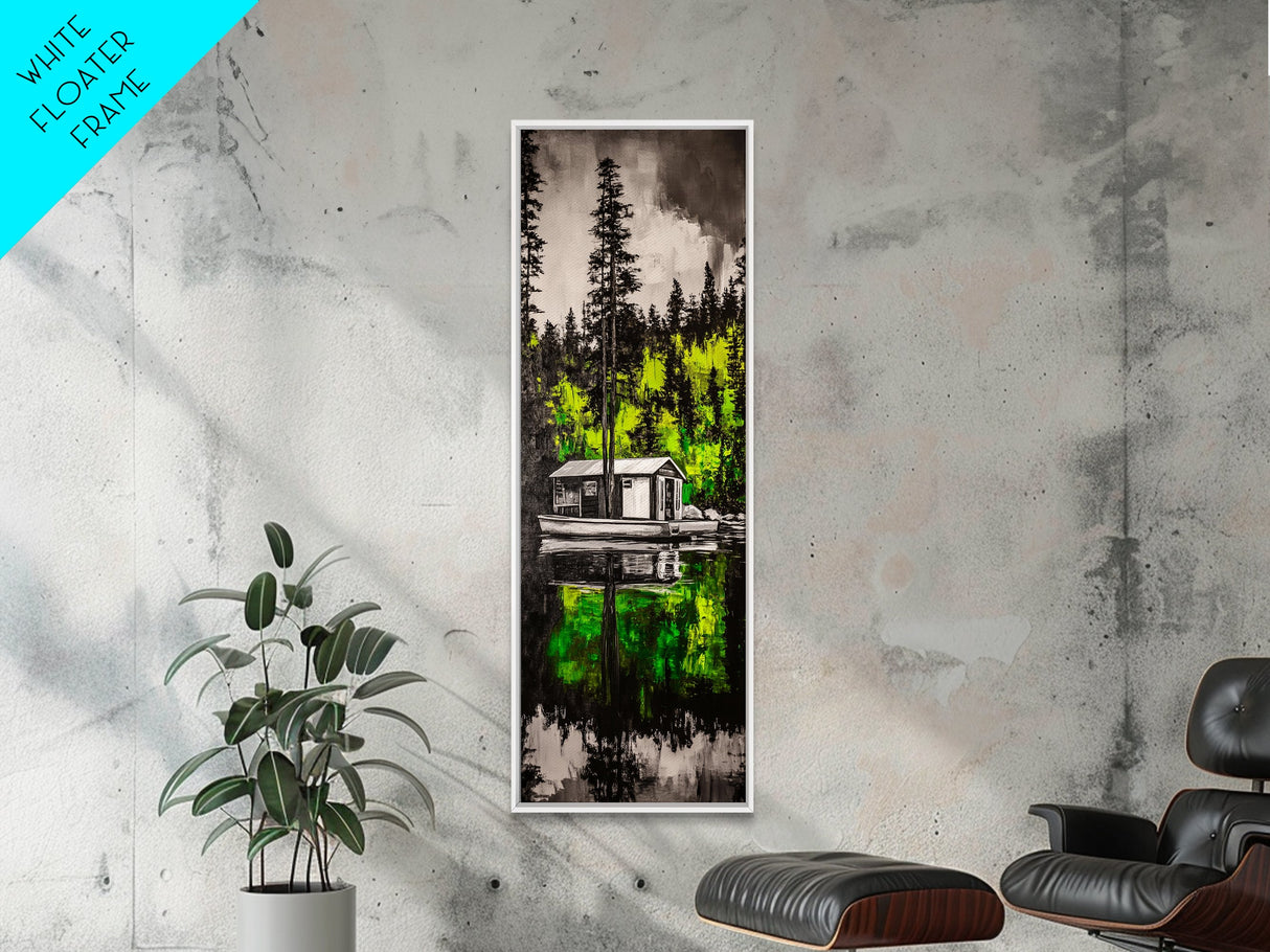 Forest Reflection, Cabin On Water, Tranquil Nature Scene, Woodsy Home Decor, Green Wall Art, Peaceful Landscape, Framed Canvas Print
