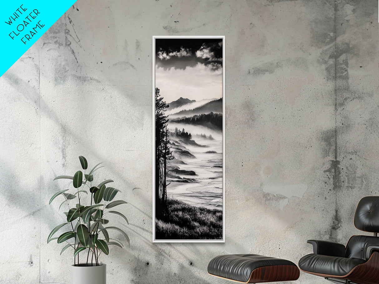 Misty Mountain Coast, Black and White Landscape Art, Modern Wall Decor, Framed Canvas Print, Minimalist Nature Art, Bedroom Wall Art