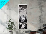 Snowy Peak, Mountain Reflection, Black White Nature, Adventure Landscape, Cabin Decor, Hiking Art, Framed Canvas Print
