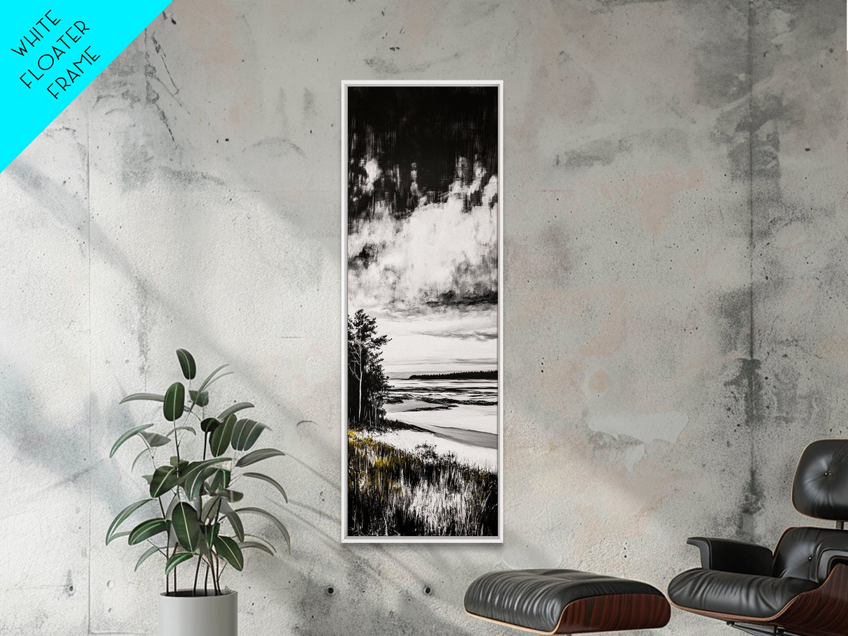 Coastal Serenity, Black White Landscape, Ocean Horizon Art, Minimalist Beach Scene, Modern Home Decor, Framed Canvas Print