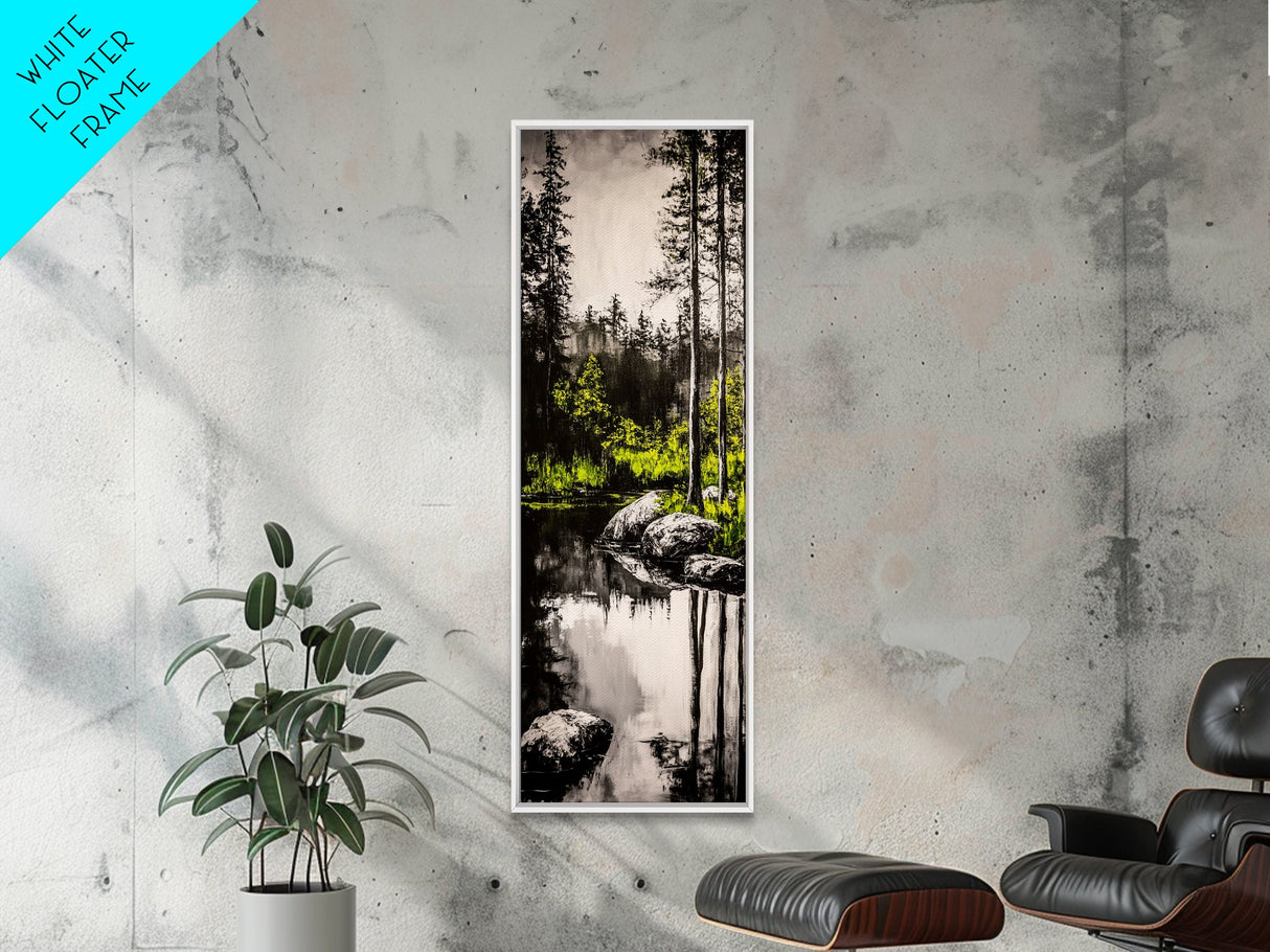 Tranquil River, Black White Nature, Reflective Water Scene, Forest Wall Decor, Rustic Landscape, Living Room Art, Framed Canvas Print