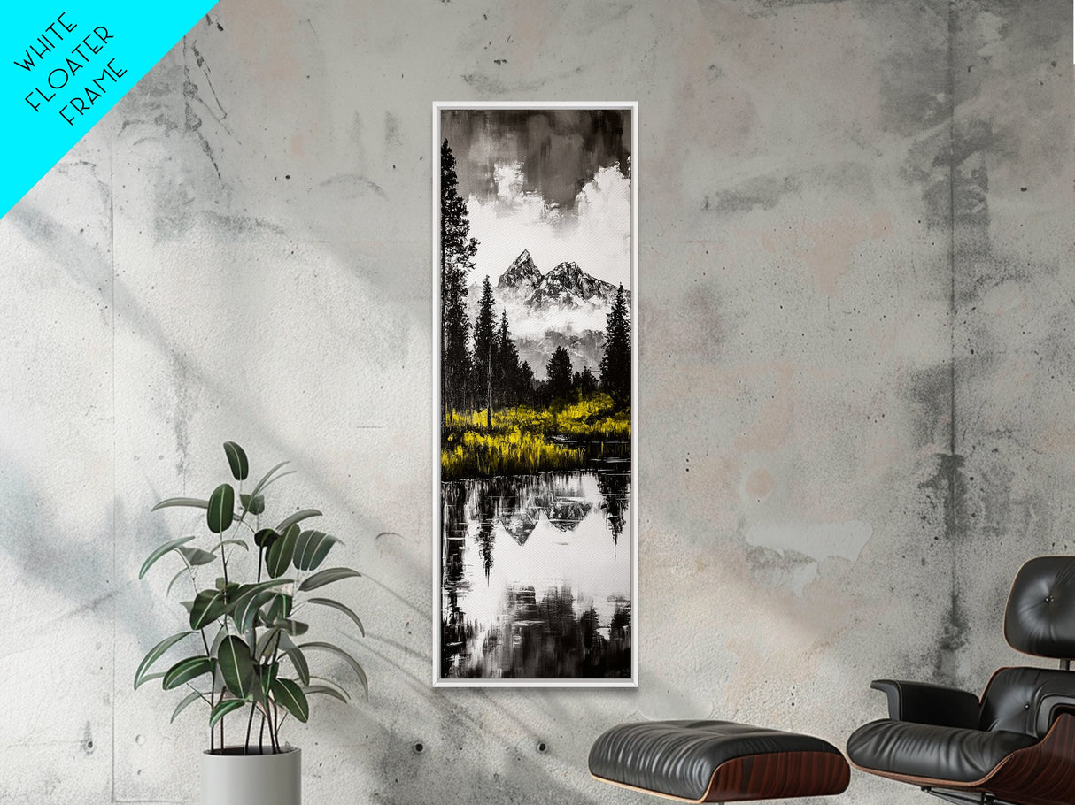Twin Peaks, Forest Reflection, Framed Canvas Print, Mountain Art, Nature Decor, Rustic Landscape, Black and White Art, Bedroom Art