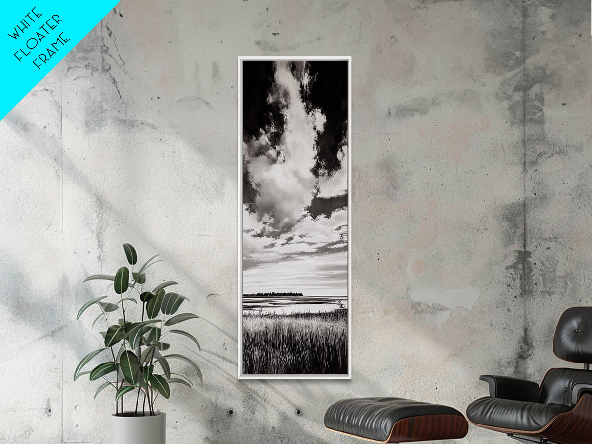 Black and White Sky, Cloudscape Wall Art, Minimalist Artwork, Nature Landscape Painting, Office or Bedroom Decor, Framed Canvas Print