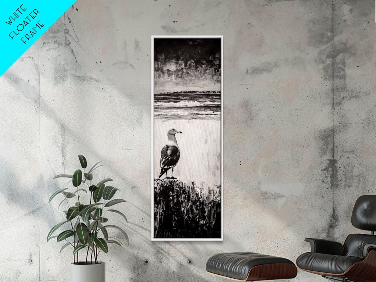 Seagull Portrait, Ocean Waves, Black and White, Framed Canvas Print, Coastal Art, Minimalist Decor, Modern Office Wall Art, Beach House Art