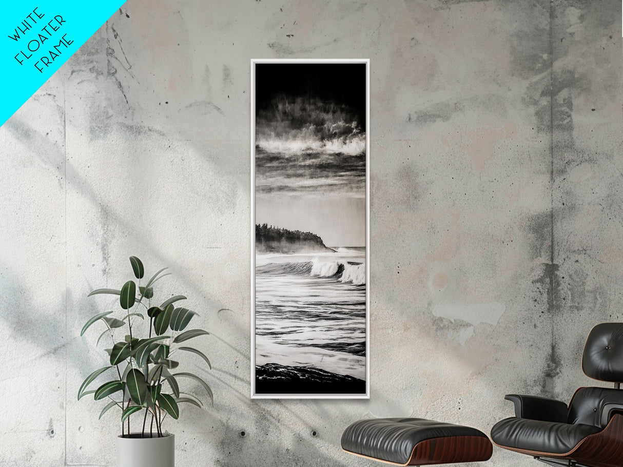 Stormy Waves, Ocean Landscape, Black and White, Framed Canvas Print, Coastal Wall Art, Modern Office Decor, Minimalist Seascape Painting