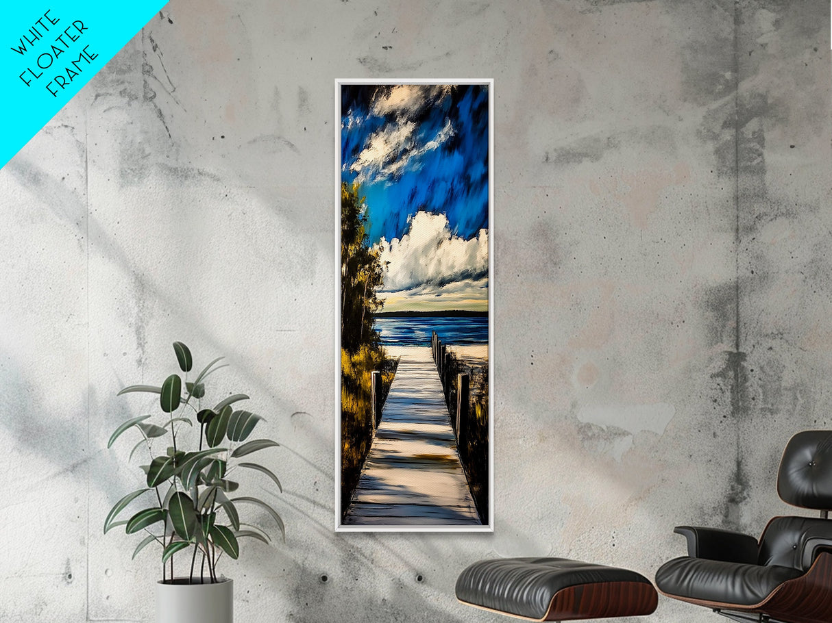 Serene Dock, Lake View, Blue and Gold, Canvas Print, Peaceful Nature Scene, Rustic Wall Art, Cabin Decor, Living Room Artwork