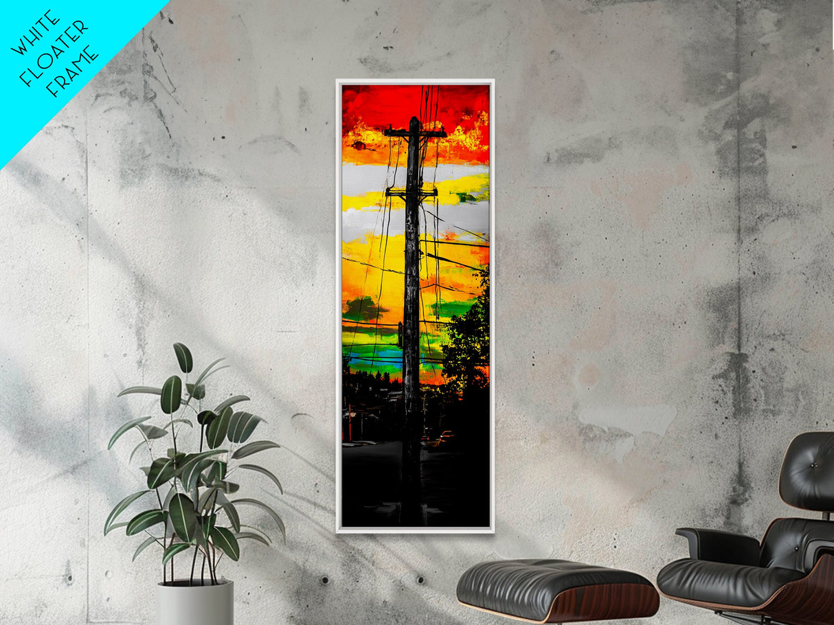 Sunset Utility Pole, Electric Lines, Urban Contrast, Canvas Print, Industrial Wall Art, Bold Colorful Decor, Modern Living Room Art