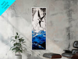 Ocean Bird, Stormy Waves, Blue and White, Framed Canvas Print, Nautical Wall Art, Minimalist Coastal Decor, Bedroom Artwork
