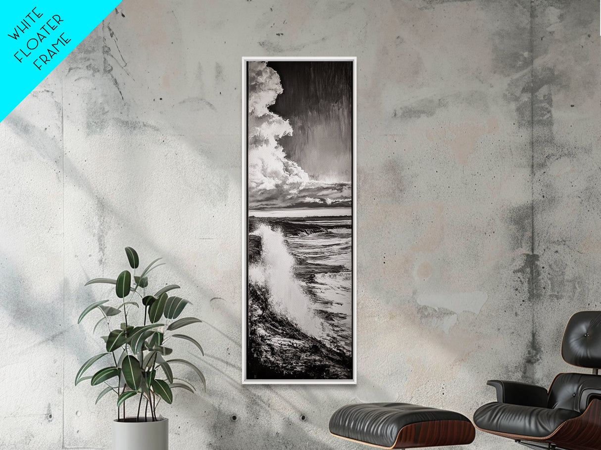 Ocean Power, Wave Crash, Coastal Landscape, Dramatic Seascape, Framed Canvas Print, Black and White Wall Art, Beach House Decor