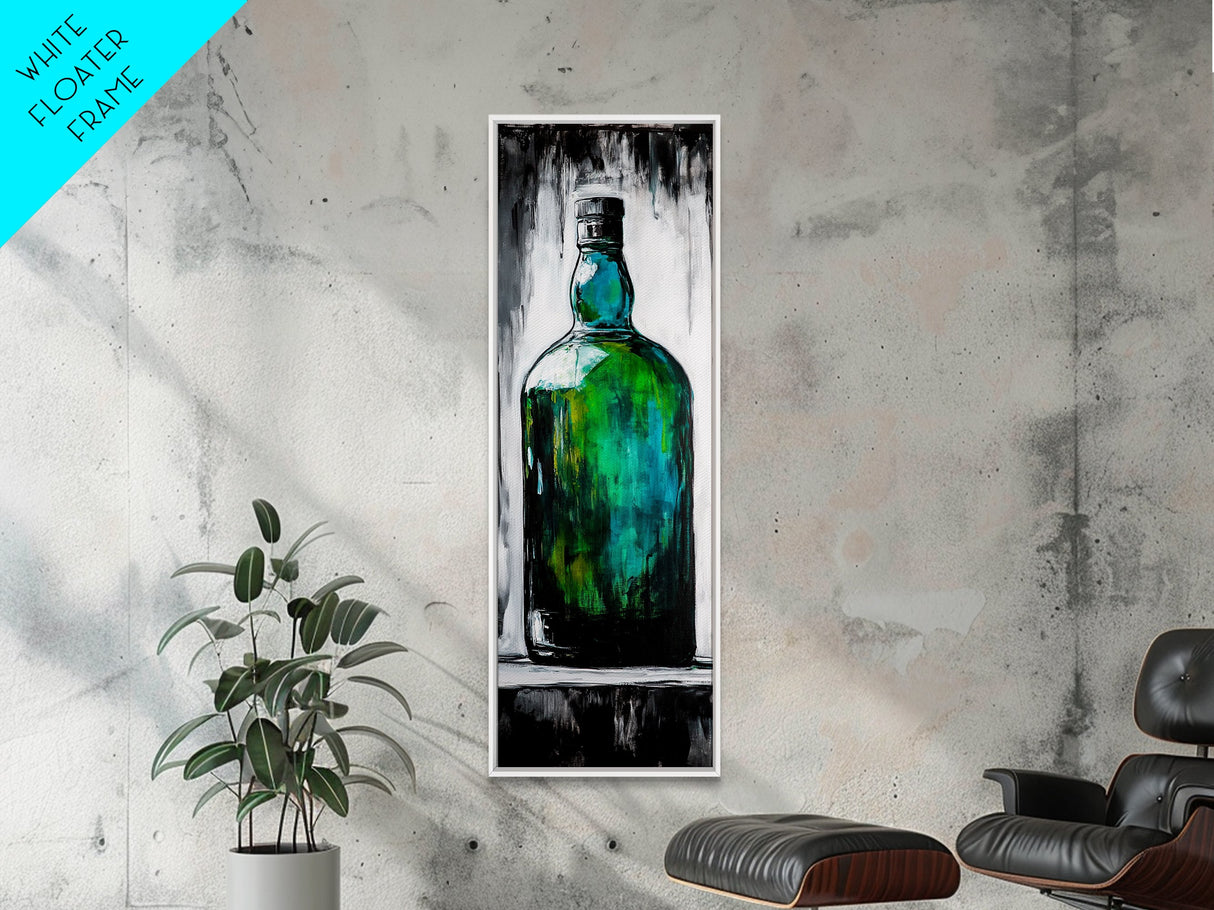 Green Glass Bottle, Modern Still Life, Minimalist Art, Contemporary Home Decor, Framed Canvas Print, Kitchen Wall Art, Vibrant Artwork