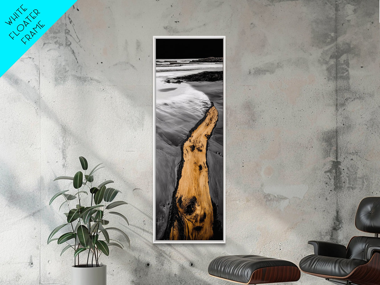 Driftwood Shore, Black and White Art, Coastal Landscape, Framed Canvas Print, Beach House Decor, Minimalist Artwork, Ocean View