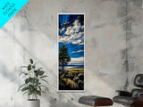 Serene Countryside Scene, Blue Sky Landscape, Peaceful Nature Art, Framed Canvas Print, Minimalist Home Decor, Bedroom Wall Art