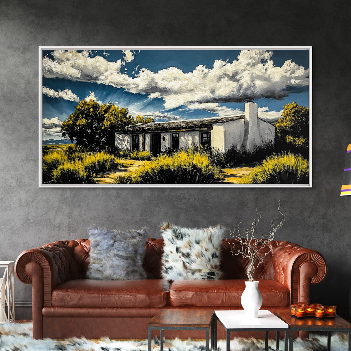 Rustic Desert House, Southwest Wall Art, Western Home Decor, Texas Ranch Art, Adobe House Painting, Earthy Boho Art, Framed Canvas Print