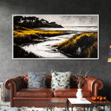 Golden Marsh, Ocean Landscape, Black and White Contrast, Nature Inspired, Minimalist Art, Framed Canvas Print, Bedroom Wall Decor