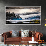 Misty Forest, Foggy Mountains, Tranquil Nature, Framed Canvas Print, Nordic Wall Art, Living Room Decor, Large Landscape, Moody Home Art
